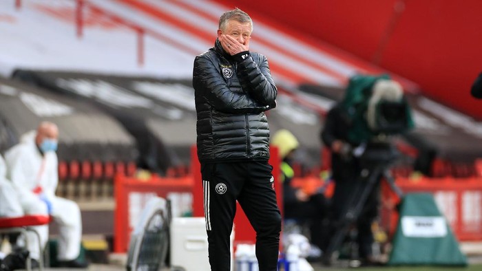 SHEFFIELD, ENGLAND - MARCH 06: Chris Wilder, Manager of Sheffield United reacts during the Premier League match between Sheffield United and Southampton at Bramall Lane on March 06, 2021 in Sheffield, England. Sporting stadiums around the UK remain under strict restrictions due to the Coronavirus Pandemic as Government social distancing laws prohibit fans inside venues resulting in games being played behind closed doors. (Photo by Mike Egerton - Pool/Getty Images)