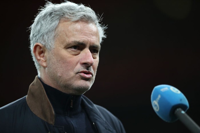 LONDON, ENGLAND - MARCH 14: Jose Mourinho, Manager of Tottenham Hotspur speaks during an interview following the Premier League match between Arsenal and Tottenham Hotspur at Emirates Stadium on March 14, 2021 in London, England. Sporting stadiums around the UK remain under strict restrictions due to the Coronavirus Pandemic as Government social distancing laws prohibit fans inside venues resulting in games being played behind closed doors. (Photo by Nick Potts - Pool/Getty Images)