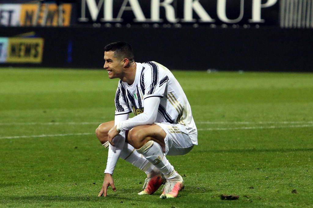 CAGLIARI, ITALY - MARCH 14: Cristiano Ronaldo of Juventus looks on  during the Serie A match between Cagliari Calcio  and Juventus at Sardegna Arena on March 14, 2021 in Cagliari, Italy. (Photo by Enrico Locci/Getty Images)