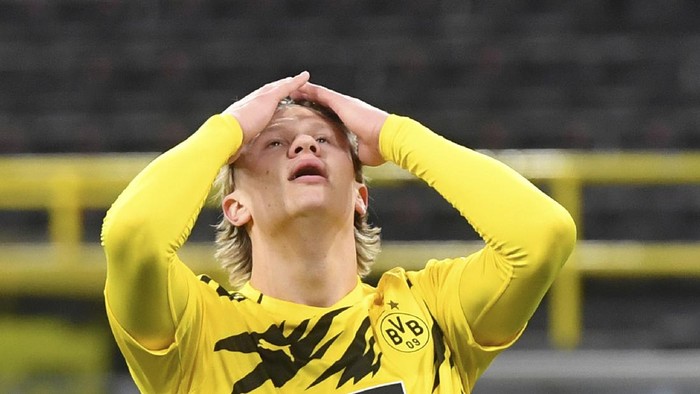 Dortmunds Erling Haaland reacts, during the German Bundesliga soccer match between Dortmund and Berlin Hertha, at Signal Iduna Park, in Dortmund, Germany, Saturday, March 13, 2021. (Bernd Thissen/Pool Photo via AP)