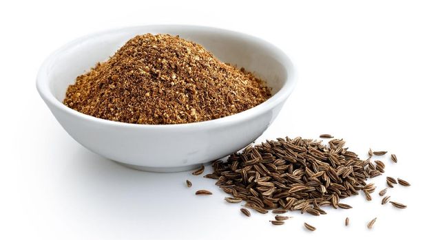 ilustrasi jintan Ground cumin in white ceramic bowl isolated on white. Whole cumin.