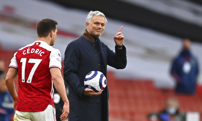 Tottenhams manager Jose Mourinho reacts during the English Premier League soccer match between Arsenal and Tottenham Hotspur at the Emirates stadium in London, England, Sunday, March 14, 2021. (Dan Mullan/Pool via AP)
