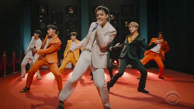 In this video grab provided by CBS and the Recording Academy, BTS performs 