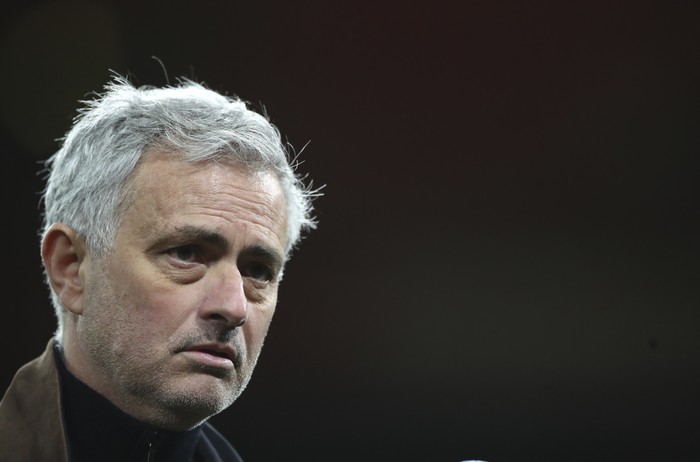 Tottenhams manager Jose Mourinho appears to media after the English Premier League soccer match between Arsenal and Tottenham Hotspur at the Emirates stadium in London, England, Sunday, March 14, 2021. (Nick Potts/Pool via AP)