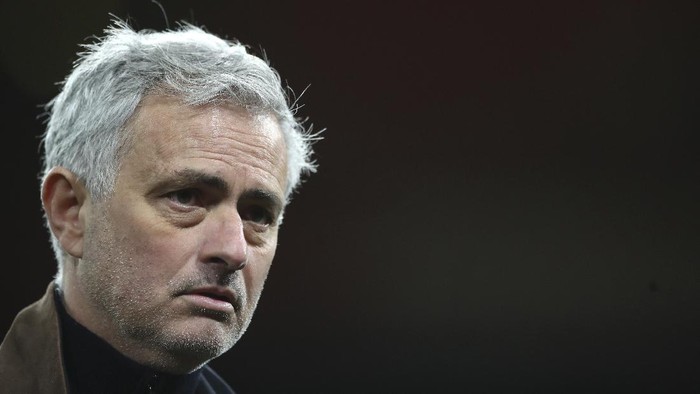 Tottenhams manager Jose Mourinho appears to media after the English Premier League soccer match between Arsenal and Tottenham Hotspur at the Emirates stadium in London, England, Sunday, March 14, 2021. (Nick Potts/Pool via AP)