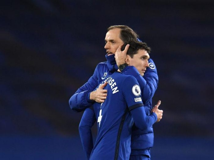LONDON, ENGLAND - MARCH 08: Thomas Tuchel, Manager of Chelsea embraces Andreas Christensen of Chelsea after the Premier League match between Chelsea and Everton at Stamford Bridge on March 08, 2021 in London, England. Sporting stadiums around the UK remain under strict restrictions due to the Coronavirus Pandemic as Government social distancing laws prohibit fans inside venues resulting in games being played behind closed doors. (Photo by Glyn Kirk - Pool/Getty Images)