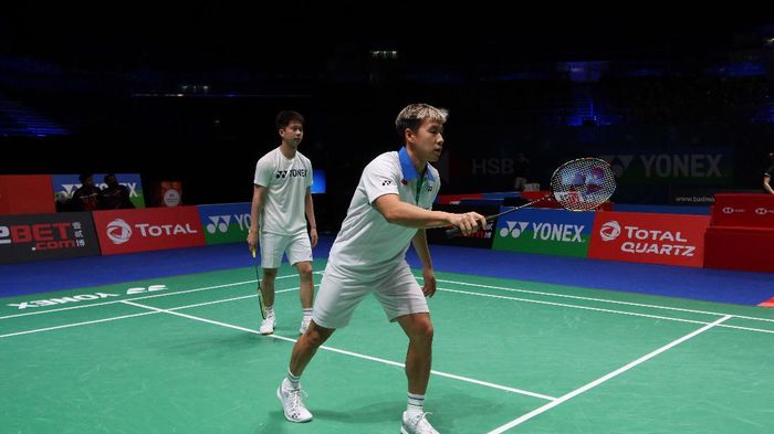 Marcus Gideon/Kevin Sanjaya dalam sebuah sesi latihan jelang All England 2021.