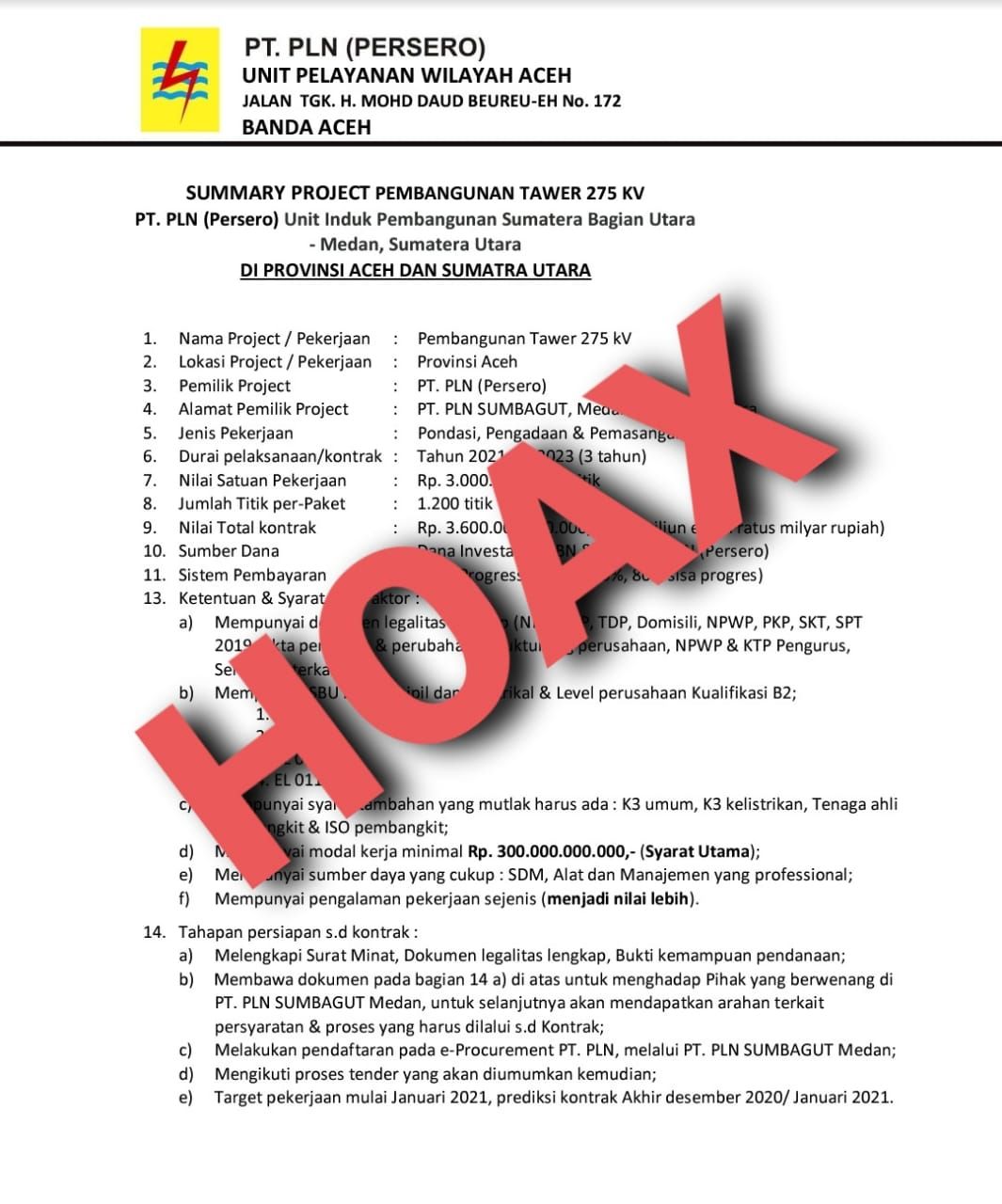 Sebaran informasi tender proyek yang mengatasnamakan PLN Aceh yang beredar di media sosial dipastikan hoax (dok Istimewa)