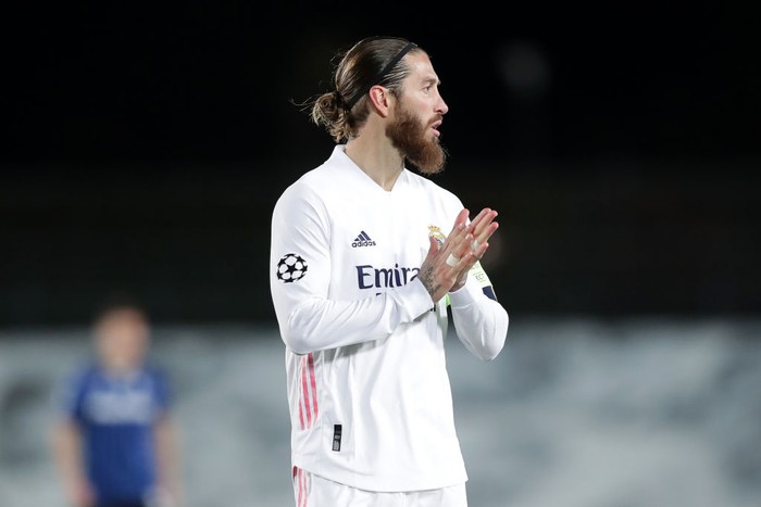 MADRID, SPAIN - MARCH 16: Sergio Ramos of Real Madrid reacts during the UEFA Champions League Round of 16 match between Real Madrid and Atalanta at Estadio Alfredo Di Stefano on March 16, 2021 in Madrid, Spain. Sporting stadiums around Spain remain under strict restrictions due to the Coronavirus Pandemic as Government social distancing laws prohibit fans inside venues resulting in games being played behind closed doors. (Photo by Gonzalo Arroyo Moreno/Getty Images)