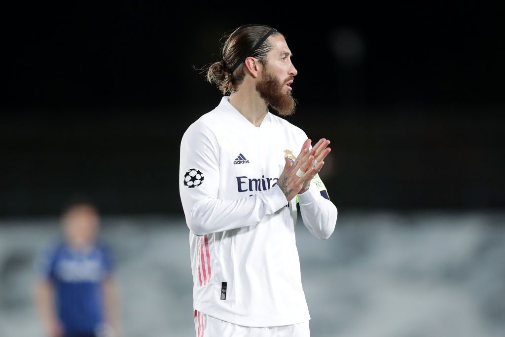 MADRID, SPAIN - MARCH 16: Sergio Ramos of Real Madrid reacts during the UEFA Champions League Round of 16 match between Real Madrid and Atalanta at Estadio Alfredo Di Stefano on March 16, 2021 in Madrid, Spain. Sporting stadiums around Spain remain under strict restrictions due to the Coronavirus Pandemic as Government social distancing laws prohibit fans inside venues resulting in games being played behind closed doors. (Photo by Gonzalo Arroyo Moreno/Getty Images)