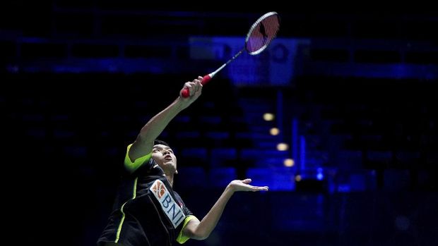 Indonesia's Jonatan Christie in action during his match against Thailand's Kunlavut Vitidsarn, during day one of the All England Open Badminton Championships at Utilita Arena, in Birmingham, England, Wednesday March 17, 2021. (Zac Goodwin/PA via AP)
