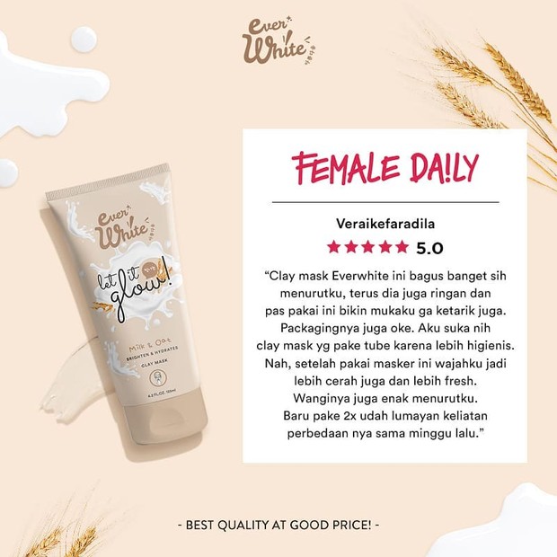 Everwhite Milk & Oat Clay Mask/instagram.com/everwhiteid Clay mask dari Everwhite dengan varian milk and oat ini membersihkan kulit dengan baik tanpa perlu meninggalkan sensasi tertarik yang mampu membuat kulit lebih kering.