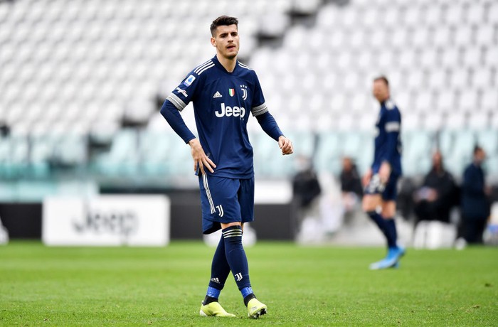 TURIN, ITALY - MARCH 21: Alvaro Morata of Juventus looks on during the Serie A match between Juventus and Benevento Calcio at Allianz Stadium on March 21, 2021 in Turin, Italy. Sporting stadiums around Italy remain under strict restrictions due to the Coronavirus Pandemic as Government social distancing laws prohibit fans inside venues resulting in games being played behind closed doors. (Photo by Valerio Pennicino/Getty Images)