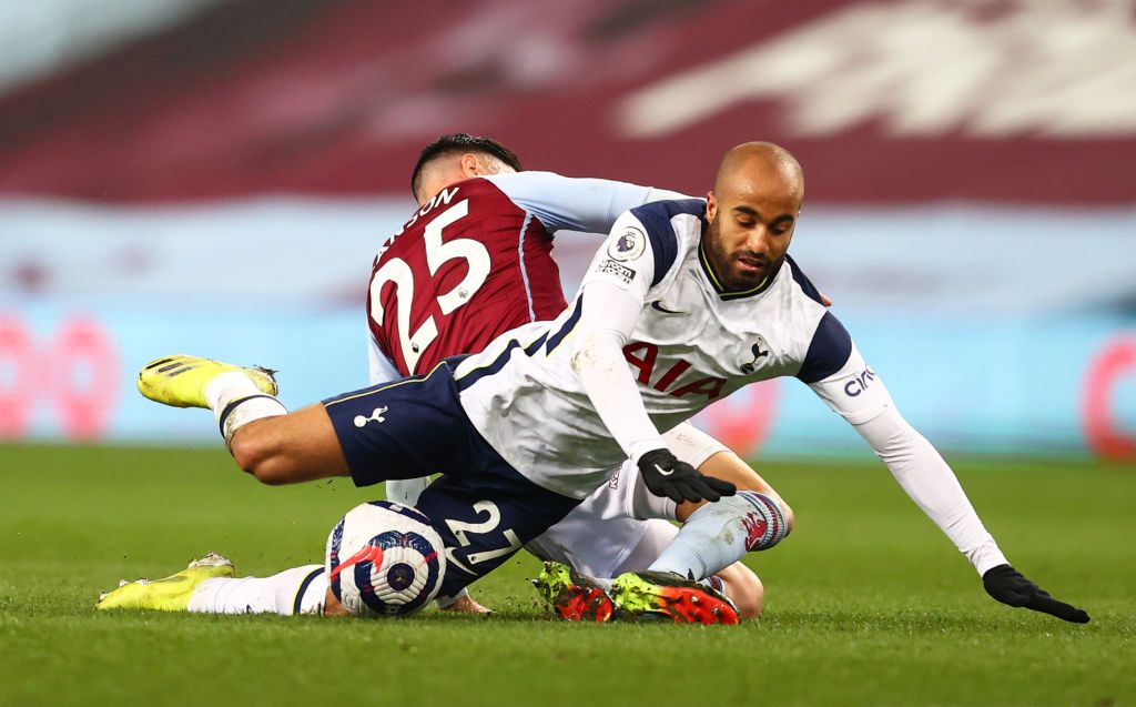 BIRMINGHAM, ENGLAND - MARCH 21: Carlos Vinicius of Tottenham Hotspur (obscured) celebrates with team mates after scoring their side's first goal during the Premier League match between Aston Villa and Tottenham Hotspur at Villa Park on March 21, 2021 in Birmingham, England. Sporting stadiums around England remain under strict restrictions due to the Coronavirus Pandemic as Government social distancing laws prohibit fans inside venues resulting in games being played behind closed doors. (Photo by Tim Keeton - Pool/Getty Images)