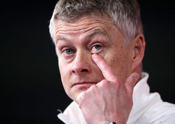 LEICESTER, ENGLAND - MARCH 21: Ole Gunnar Solskjaer, Manager of Manchester United reacts after the Emirates FA Cup Quarter Final  match between Leicester City and Manchester United at The King Power Stadium on March 21, 2021 in Leicester, England. Sporting stadiums around the UK remain under strict restrictions due to the Coronavirus Pandemic as Government social distancing laws prohibit fans inside venues resulting in games being played behind closed doors.  (Photo by Alex Pantling/Getty Images)