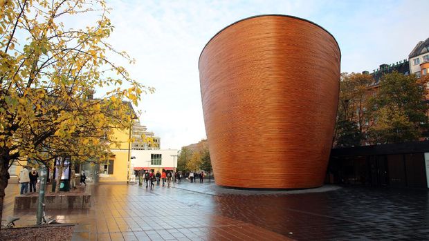 Kamppi Chapel Helsinki, Finland - October 04, 2019: The wooden Chapel of Silence (Kamppi Chapel) in Helsinki, the Capital of Finland. Its located on the commercial area in Kampi