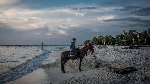 Tempat Wisata di Nusa Tenggara Barat Seorang penyedia jasa kuda menaiki kudanya saat menanti kunjungan wisatawan di Gili Trawangan. ANTARA FOTO/Aprillio Akbar