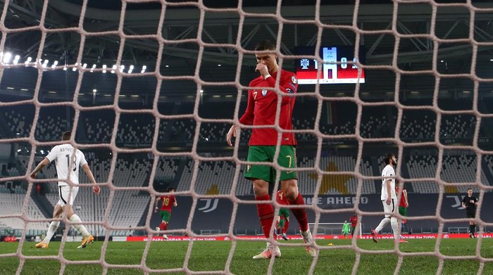 TURIN, ITALY - MARCH 24: Cristiano Ronaldo of Portugal reacts during the FIFA World Cup 2022 Qatar qualifying match between Portugal and Azerbaijan at Allianz Stadium on March 24, 2021 in Turin, Italy. (Photo by Jonathan Moscrop/Getty Images)