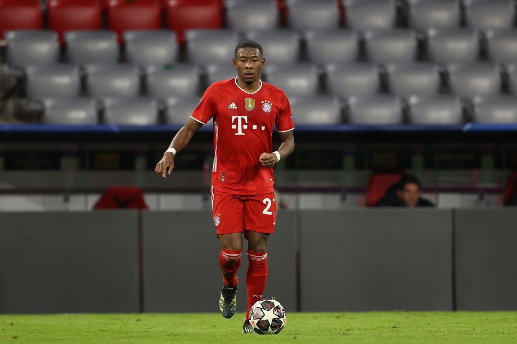 MUNICH, GERMANY - MARCH 17: David Alaba of FC Bayern München runs with the ball during the UEFA Champions League Round of 16 match between Bayern München and SS Lazio at Allianz Arena on March 17, 2021 in Munich, Germany. (Photo by Alexander Hassenstein/Getty Images)