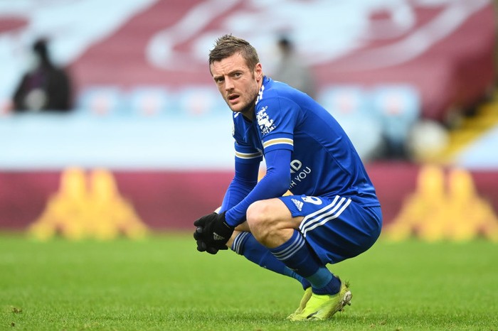 BIRMINGHAM, ENGLAND - FEBRUARY 21: Jamie Vardy of Leicester City reacts during the Premier League match between Aston Villa and Leicester City at Villa Park on February 21, 2021 in Birmingham, England. Sporting stadiums around the UK remain under strict restrictions due to the Coronavirus Pandemic as Government social distancing laws prohibit fans inside venues resulting in games being played behind closed doors. (Photo by Michael Regan/Getty Images)
