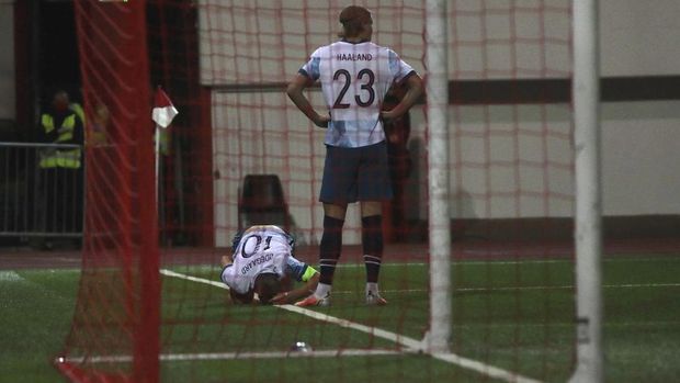 Norway's Martin Ødegaard reacts on the ground during the World Cup 2022 group G qualifying soccer match between Gibraltar and Norway in Gibraltar, Wednesday March 24, 2021. (AP Photo/Javier Fergo)