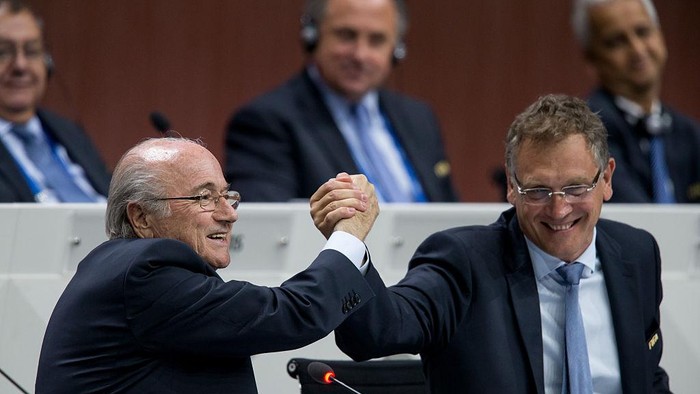 ZURICH, SWITZERLAND - MAY 29: FIFA President Joseph S. Blatter (L) shakes hands with FIFA Secretary General Jerome Valcke during the 65th FIFA Congress at Hallenstadion on May 29, 2015 in Zurich, Switzerland. (Photo by Philipp Schmidli/Getty Images)