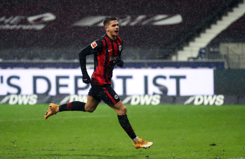 FRANKFURT AM MAIN, GERMANY - JANUARY 30: Andre Silva of Frankfurt celebrates his team's third goal during the Bundesliga match between Eintracht Frankfurt and Hertha BSC at Deutsche Bank Park on January 30, 2021 in Frankfurt am Main, Germany. (Photo by Alex Grimm/Getty Images)