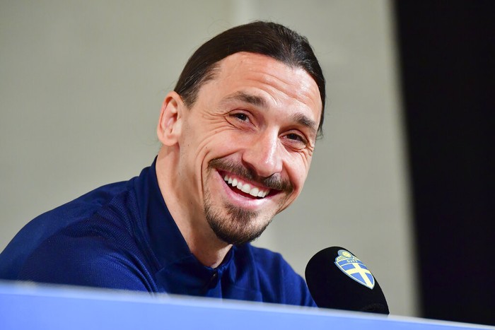 Zlatan Ibrahimovic attends a press conference at Friends Arena in Stockholm, Monday March 22, 2021. Ibrahimovic has come out of international retirement at the age of 39 and is set to play for Sweden for the first time since the European Championship in 2016. (Jonas Ekstromer/TT via AP)