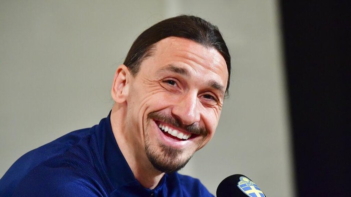 Zlatan Ibrahimovic attends a press conference at Friends Arena in Stockholm, Monday March 22, 2021. Ibrahimovic has come out of international retirement at the age of 39 and is set to play for Sweden for the first time since the European Championship in 2016. (Jonas Ekstromer/TT via AP)
