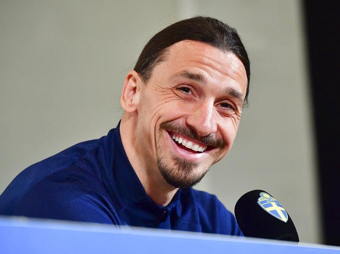 Zlatan Ibrahimovic attends a press conference at Friends Arena in Stockholm, Monday March 22, 2021. Ibrahimovic has come out of international retirement at the age of 39 and is set to play for Sweden for the first time since the European Championship in 2016. (Jonas Ekstromer/TT via AP)