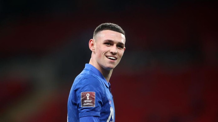 LONDON, ENGLAND - MARCH 25: Phil Foden of England looks on during the FIFA World Cup 2022 Qatar qualifying match between England and San Marino at Wembley Stadium on March 25, 2021 in London, England. Sporting stadiums around the UK remain under strict restrictions due to the Coronavirus Pandemic as Government social distancing laws prohibit fans inside venues resulting in games being played behind closed doors.  (Photo by Carl Recine - Pool/Getty Images)