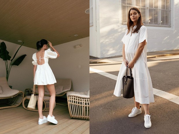 All-White Outfit + White Sneakers/preview.ph All-White Outfit + White Sneakers membuat tampilan yang chic dan tetap anggun/preview.ph