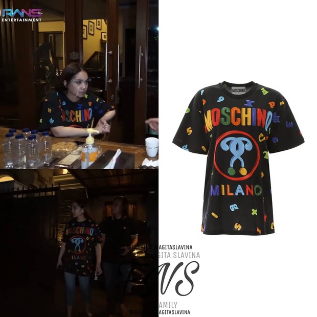 Nagita Slavina mengenakan t-shirt warna hitam bermotif dari brand Moschino/instagram.com/fashion_nagitaslavina