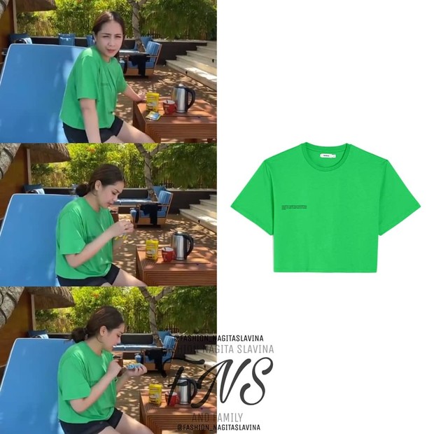 Nagita Slavina mengenakan tshirt hijau dari brand Pangaia/instagram.com/fashion_nagitaslavina