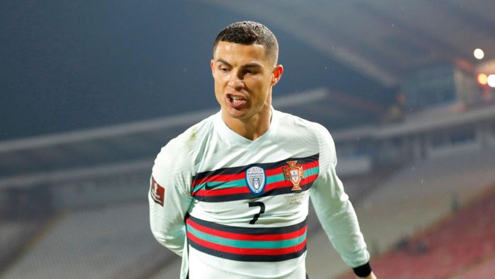 BELGRADE, SERBIA - MARCH 27: Cristiano Ronaldo of Portugal reacts during the FIFA World Cup 2022 Qatar qualifying match between Serbia and Portugal at FK Crvena Zvezda stadium on March 27, 2021 in Belgrade, Serbia. Sporting stadiums around Serbia remain under strict restrictions due to the Coronavirus Pandemic as Government social distancing laws prohibit fans inside venues resulting in games being played behind closed doors.  (Photo by Srdjan Stevanovic/Getty Images)