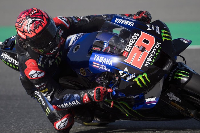 DOHA, QATAR - MARCH 27: Fabio Quartararo of France and Monster Energy Yamaha MotoGP Team rounds the bend during the MotoGP of Qatar - Qualifying at Losail Circuit on March 27, 2021 in Doha, Qatar. (Photo by Mirco Lazzari gp/Getty Images)