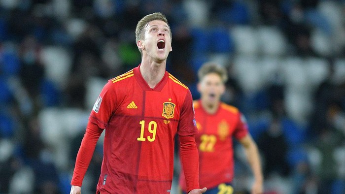 TBILISI, GEORGIA - MARCH 28: Dani Olmo of Spain celebrates after scoring their sides second goal during the FIFA World Cup 2022 Qatar qualifying match between Georgia and Spain at the Boris Paichadze Dinamo Arena on March 28, 2021 in Tbilisi, Georgia. 30% of the stadium capacity have been allowed into the match as a Covid-19 precaution.  (Photo by Levan Verdzeuli/Getty Images)