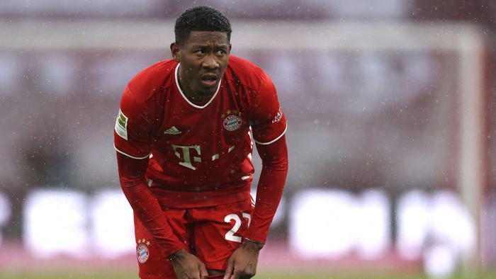 MUNICH, GERMANY - JANUARY 17: David Alaba of FC Bayern Muenchen looks on during the Bundesliga match between FC Bayern Muenchen and Sport-Club Freiburg at Allianz Arena on January 17, 2021 in Munich, Germany. Sporting stadiums around Germany remain under strict restrictions due to the Coronavirus Pandemic as Government social distancing laws prohibit fans inside venues resulting in games being played behind closed doors. (Photo by Alexander Hassenstein/Getty Images)