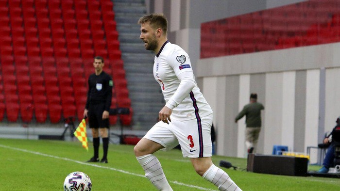 Englands Luke Shaw controls the ball during the World Cup 2022 group I qualifying soccer match between Albania and England at Air Albania stadium in Tirana, Sunday, March 28, 2021. (AP Photo/Hektor Pustina)