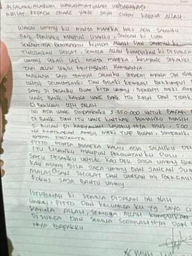Surat wasiat pelaku bom bunuh diri di depan Gereja Katedral Makassar berinisial L (26) (dok Istimewa)Foto surat didapatkan dari medsos dan dibenarkan pihak kepolisian
