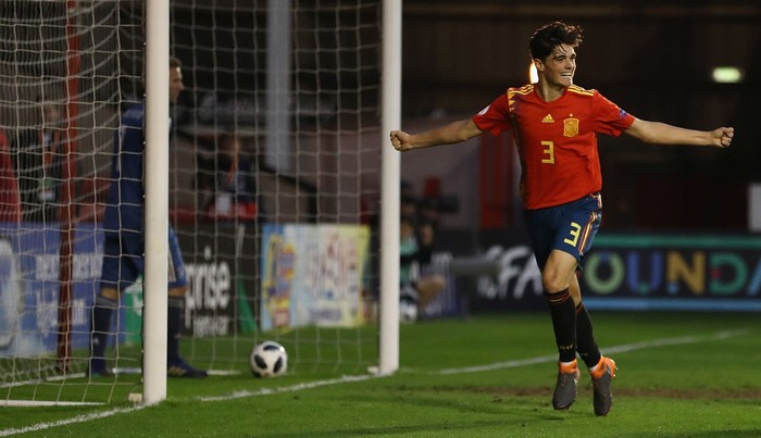 WALSALL, ENGLAND - MAY 11:  Miguel Gutierrez of Spain celebrates his goal during the UEFA European Under-17 Championship Group Stage match between Spain and Germany at Bescot Stadium on May 11, 2018 in Walsall, England.  (Photo by Matthew Lewis/Getty Images)