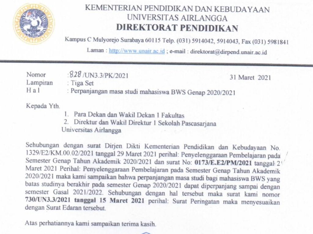 Pandemi COVID-19, Mahasiswa Unair Akhirnya Dapat Tambahan 1 Semester Pandemi COVID-19, Mahasiswa Unair Akhirnya Dapat Tambahan 1 Semester