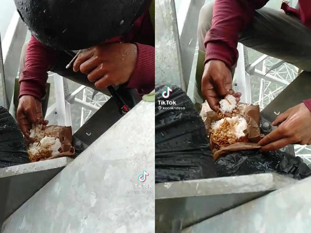 Asyik Makan Nasi Bungkus di Atas Menara Sutet, Para Pekerja Ini Banjir Pujian
