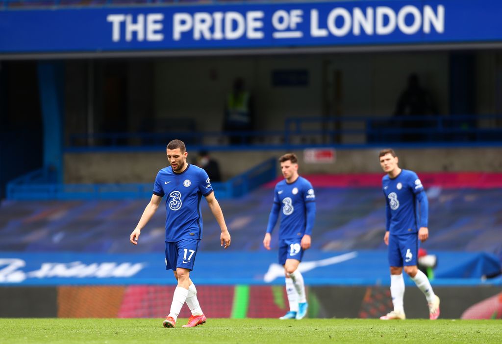 LONDON, ENGLAND - APRIL 03: Mateo Kovacic of Chelsea looks dejected during the Premier League match between Chelsea and West Bromwich Albion at Stamford Bridge on April 03, 2021 in London, England. Sporting stadiums around the UK remain under strict restrictions due to the Coronavirus Pandemic as Government social distancing laws prohibit fans inside venues resulting in games being played behind closed doors. (Photo by Clive Rose/Getty Images)