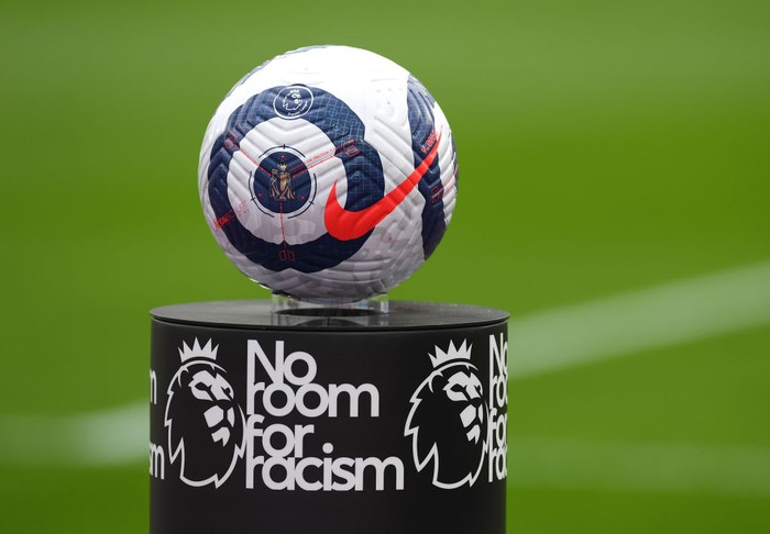 LONDON, ENGLAND - MARCH 21: Detailed view of the Nike match ball on a No room for racism plinth during the Premier League match between West Ham United and Arsenal at London Stadium on March 21, 2021 in London, England. Sporting stadiums around the UK remain under strict restrictions due to the Coronavirus Pandemic as Government social distancing laws prohibit fans inside venues resulting in games being played behind closed doors.  (Photo by Mike Hewitt/Getty Images)