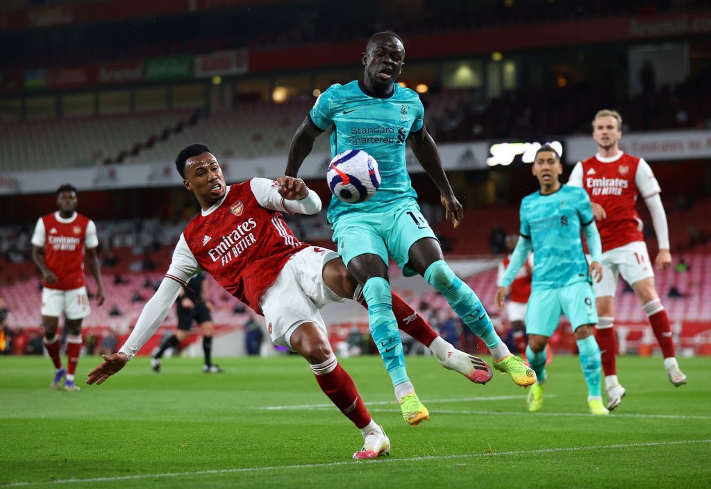 LONDON, ENGLAND - APRIL 03: Dani Ceballos of Arsenal turns away from Thiago Alcantara of Liverpool during the Premier League match between Arsenal and Liverpool at Emirates Stadium on April 03, 2021 in London, England. Sporting stadiums around the UK remain under strict restrictions due to the Coronavirus Pandemic as Government social distancing laws prohibit fans inside venues resulting in games being played behind closed doors. (Photo by Julian Finney/Getty Images)
