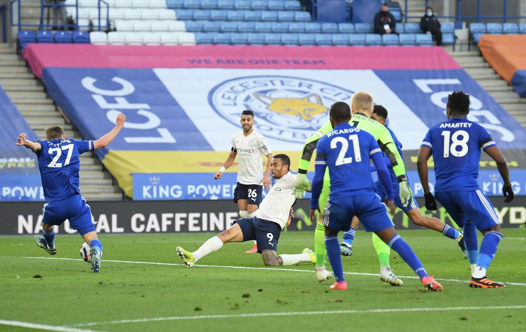LEICESTER, ENGLAND - APRIL 03: Benjamin Mendy of Manchester City celebrates with team mates Ruben Dias and Sergio Aguero after scoring their side's first goal during the Premier League match between Leicester City and Manchester City at The King Power Stadium on April 03, 2021 in Leicester, England. Sporting stadiums around the UK remain under strict restrictions due to the Coronavirus Pandemic as Government social distancing laws prohibit fans inside venues resulting in games being played behind closed doors. (Photo by Michael Regan/Getty Images)