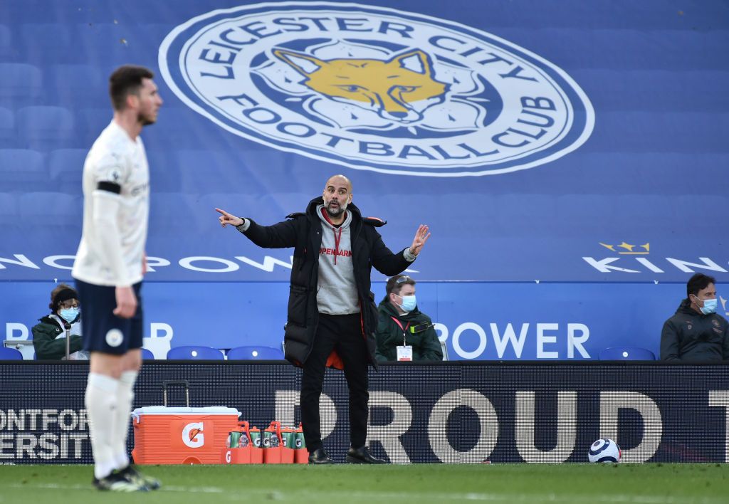 LEICESTER, ENGLAND - APRIL 03: Gabriel Jesus of Manchester City celebrates with teammates Riyad Mahrez, Raheem Sterling and Benjamin Mendy after scoring their team's second goal during the Premier League match between Leicester City and Manchester City at The King Power Stadium on April 03, 2021 in Leicester, England. Sporting stadiums around the UK remain under strict restrictions due to the Coronavirus Pandemic as Government social distancing laws prohibit fans inside venues resulting in games being played behind closed doors. (Photo by Rui Vieira - Pool/Getty Images)