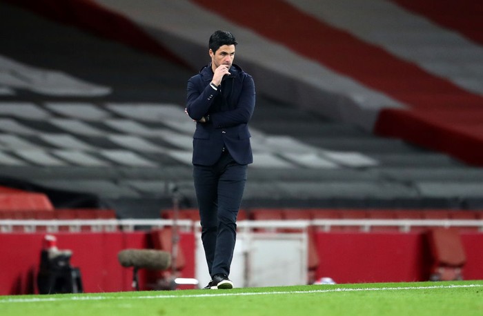 LONDON, ENGLAND - APRIL 03: Mikel Arteta, Manager of Arsenal looks on during the Premier League match between Arsenal and Liverpool at Emirates Stadium on April 03, 2021 in London, England. Sporting stadiums around the UK remain under strict restrictions due to the Coronavirus Pandemic as Government social distancing laws prohibit fans inside venues resulting in games being played behind closed doors. (Photo by Catherine Ivill/Getty Images)