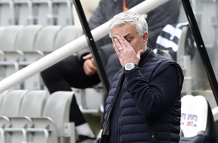 Jose Mourinho Tottenham's manager Jose Mourinho gestures during the warm up before the English Premier League soccer match between Newcastle United and Tottenham Hotspur at St. James' Park in Newcastle, England, Sunday, April 4, 2021. (AP Photo/Scott Heppell, Pool)